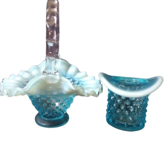 Vintage Colonial Thumbprint Ruffled Blue Fenton Hobnail Set